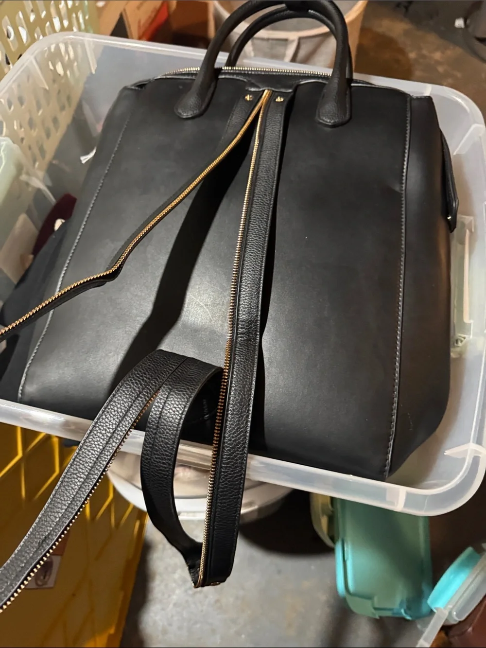 a new day Black Leather Backpack with Gold Zipper Accent